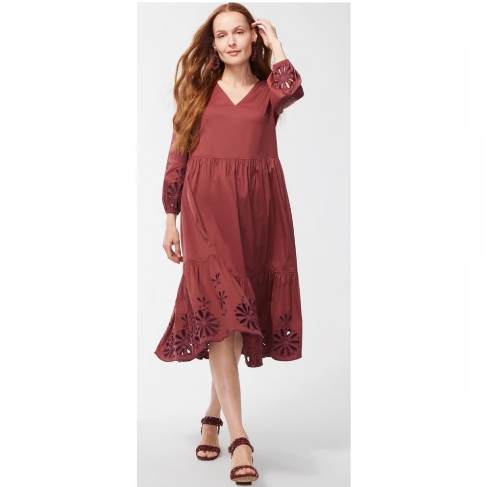 Chico’s Deep Muave Eyelet Embroidered Midi Length 3/4 Sleeve Floral Dress sz 2.5